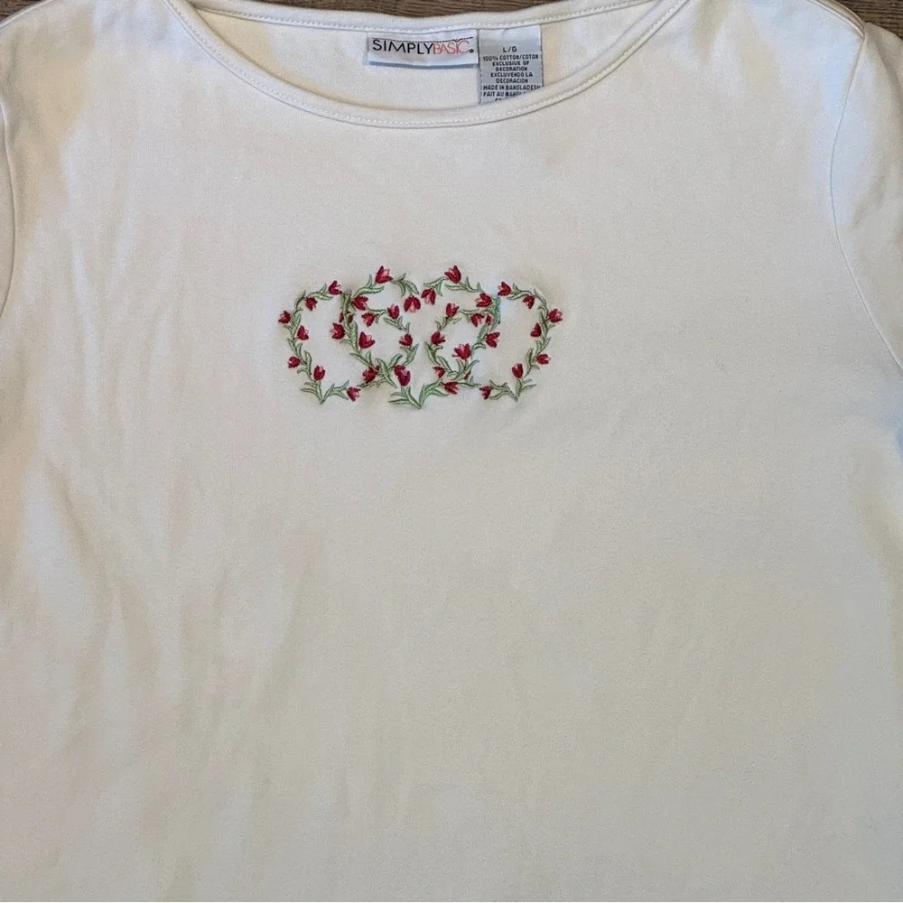 Vintage Cottagecore Coquette 3/4 Sleeve Cream Top Embroidered Rose Dainty Size L